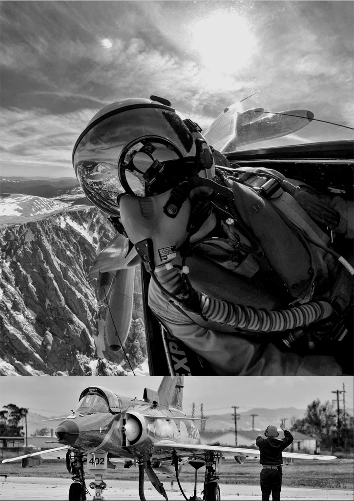 Fighter pilot flying over mountains